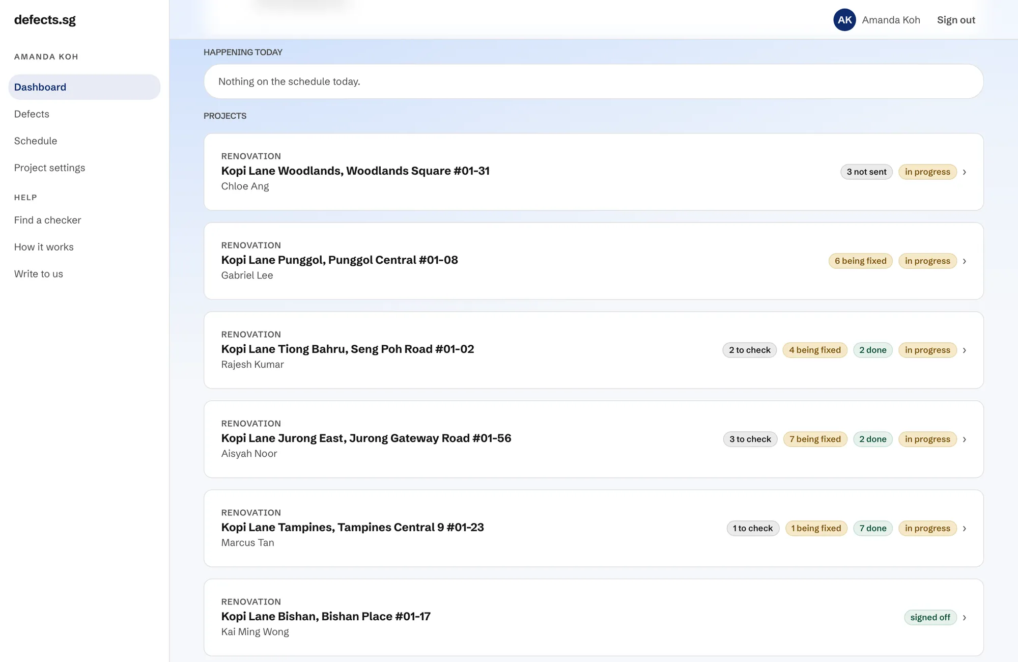 On a computer, a brand's dashboard on the defects.sg website, on sample data: six Kopi Lane outlets, each with its renovator and how many defects are to check, being fixed or done.