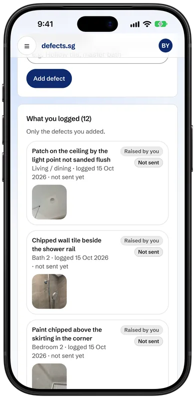 On an iPhone, a defect checker's inspection on the defects.sg website, on sample data: What you logged (12), each defect with its room, its photo and Not sent yet.