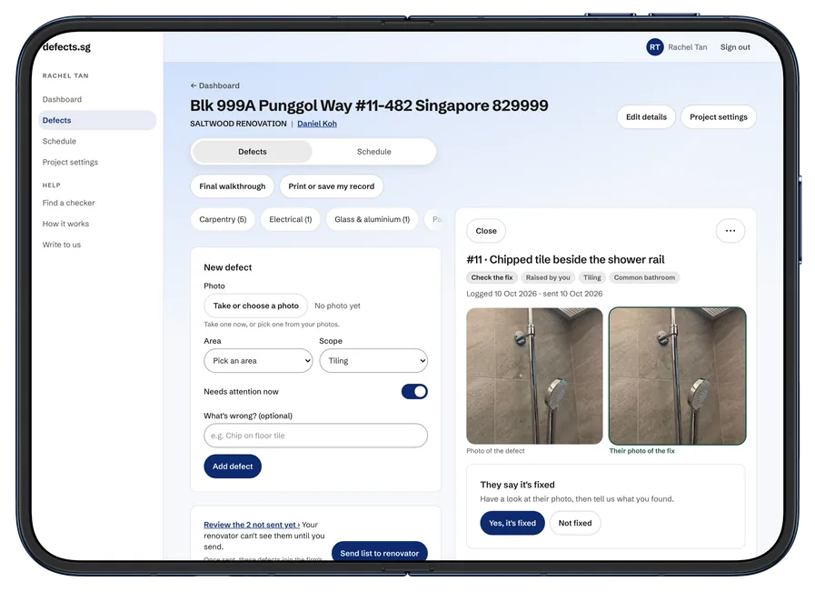 On an iPhone Duo opened out sideways, a client's project on the defects.sg website: a form to add a tiling defect on the left, and beside it #11, a chipped tile beside the shower rail, with the photo of the defect, their photo of the fix, and Yes, it's fixed and Not fixed.