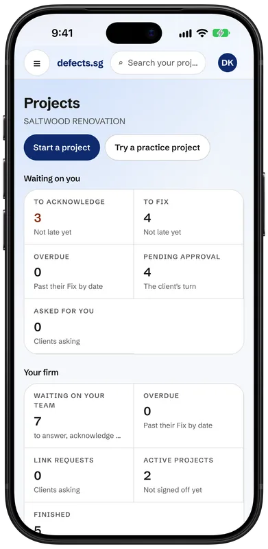 A renovation firm's projects page on an iPhone: what is waiting on you, to acknowledge, to fix and pending approval, and the same for the whole firm.