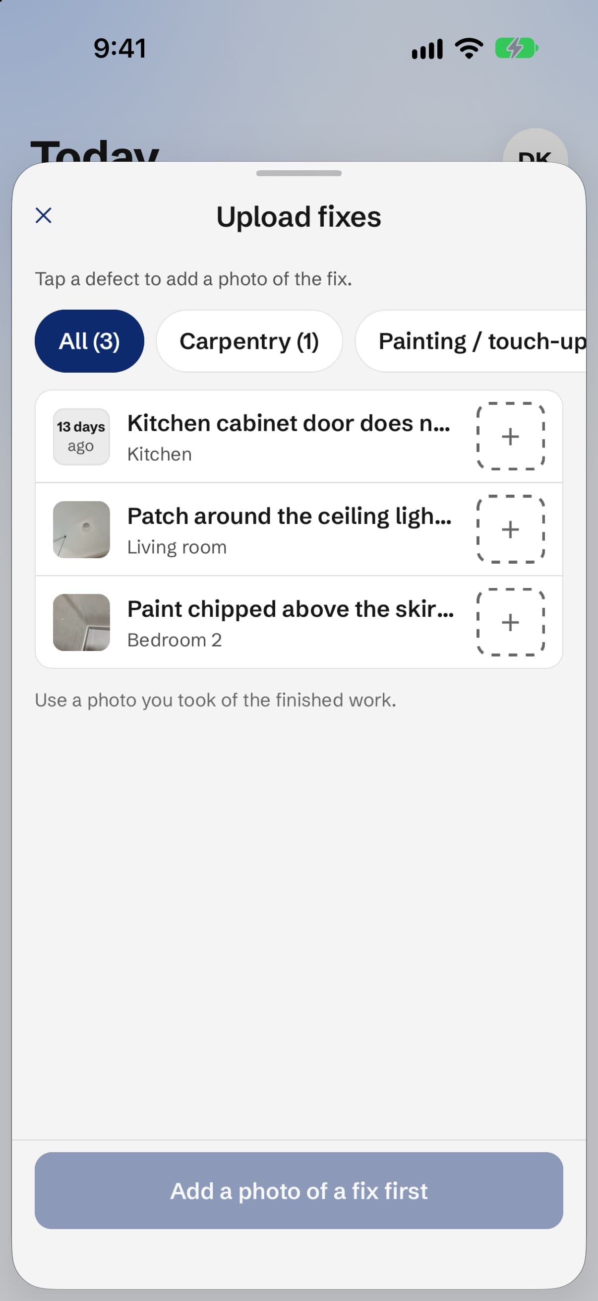 Uploading fixes in the Biz app: three defects being fixed, each with the client's photo where there is one, and an empty slot for a photo of the fix.