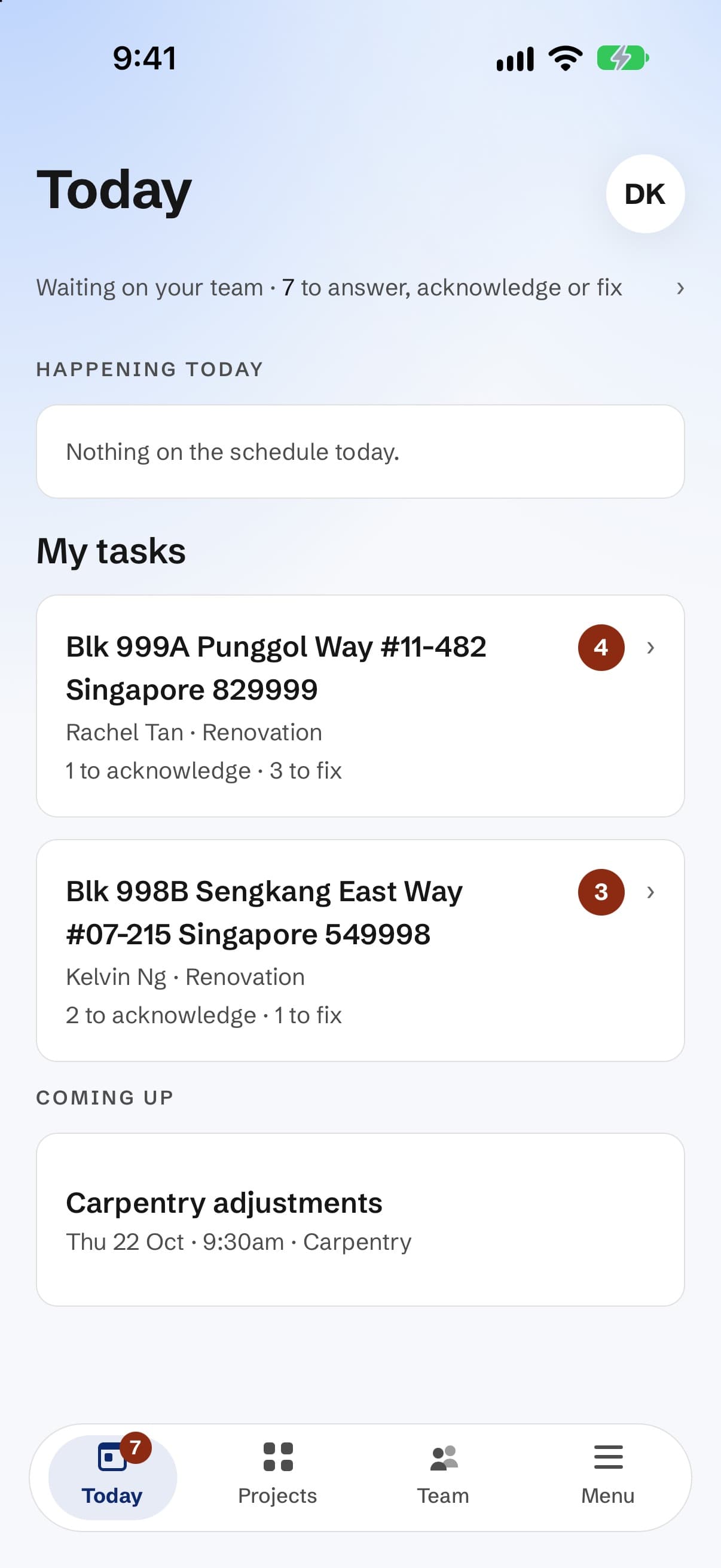 The Defects.SG Biz app's Today screen: the renovator's tasks on two projects, defects to acknowledge and to fix, and a carpentry visit coming up.
