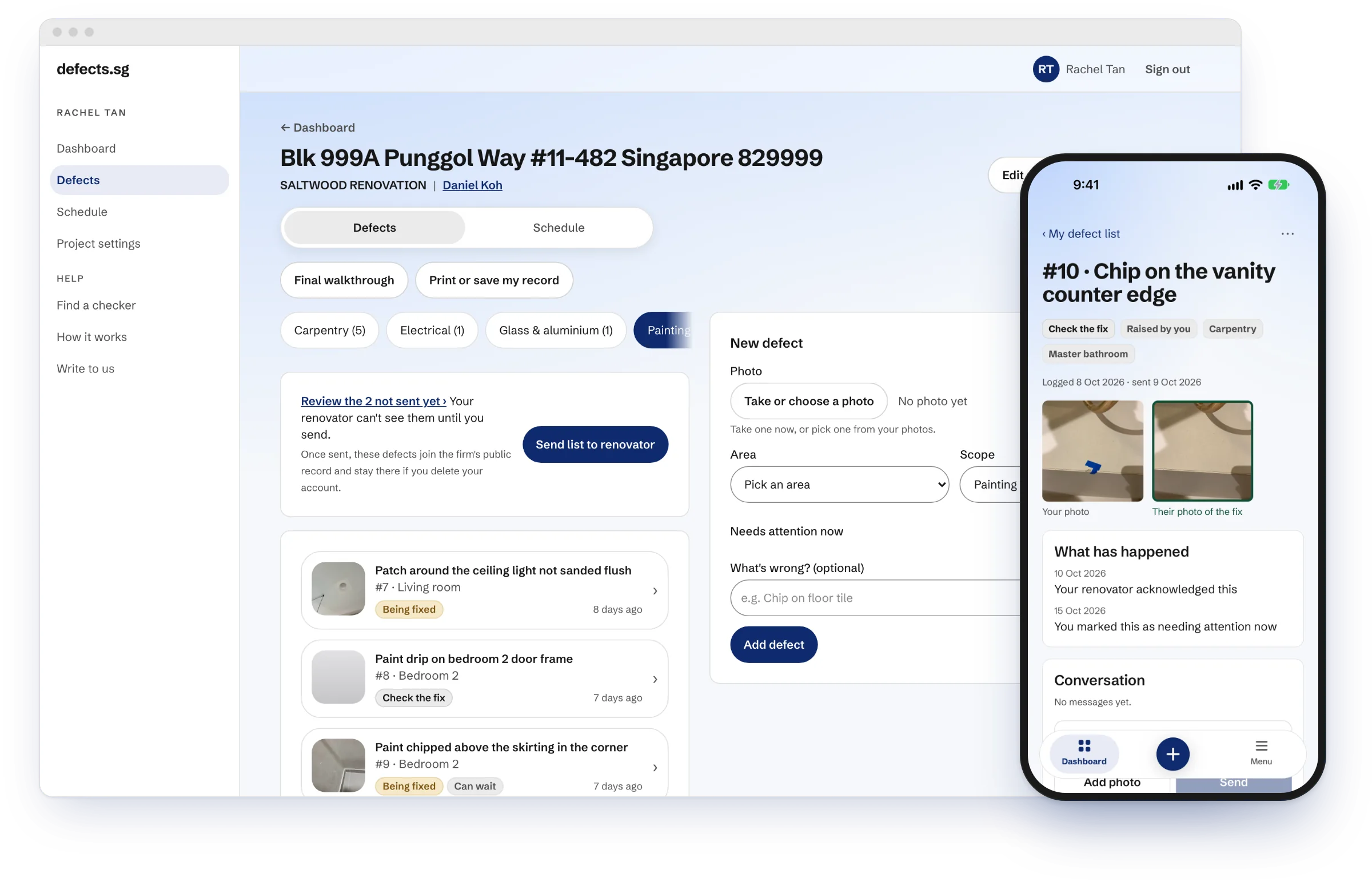defects.sg in a browser showing a project's defect list, and on a phone in front of it, one defect with your photo next to the renovator's photo of the fix