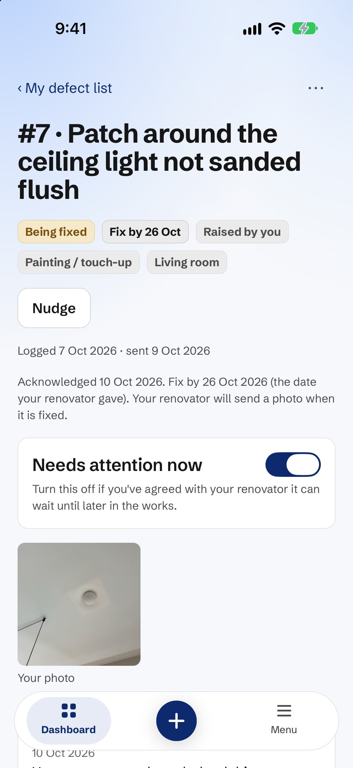 One defect in the app: a photo of a ceiling light patch, the living room, the dates it was sent and is due, and its status, being fixed.