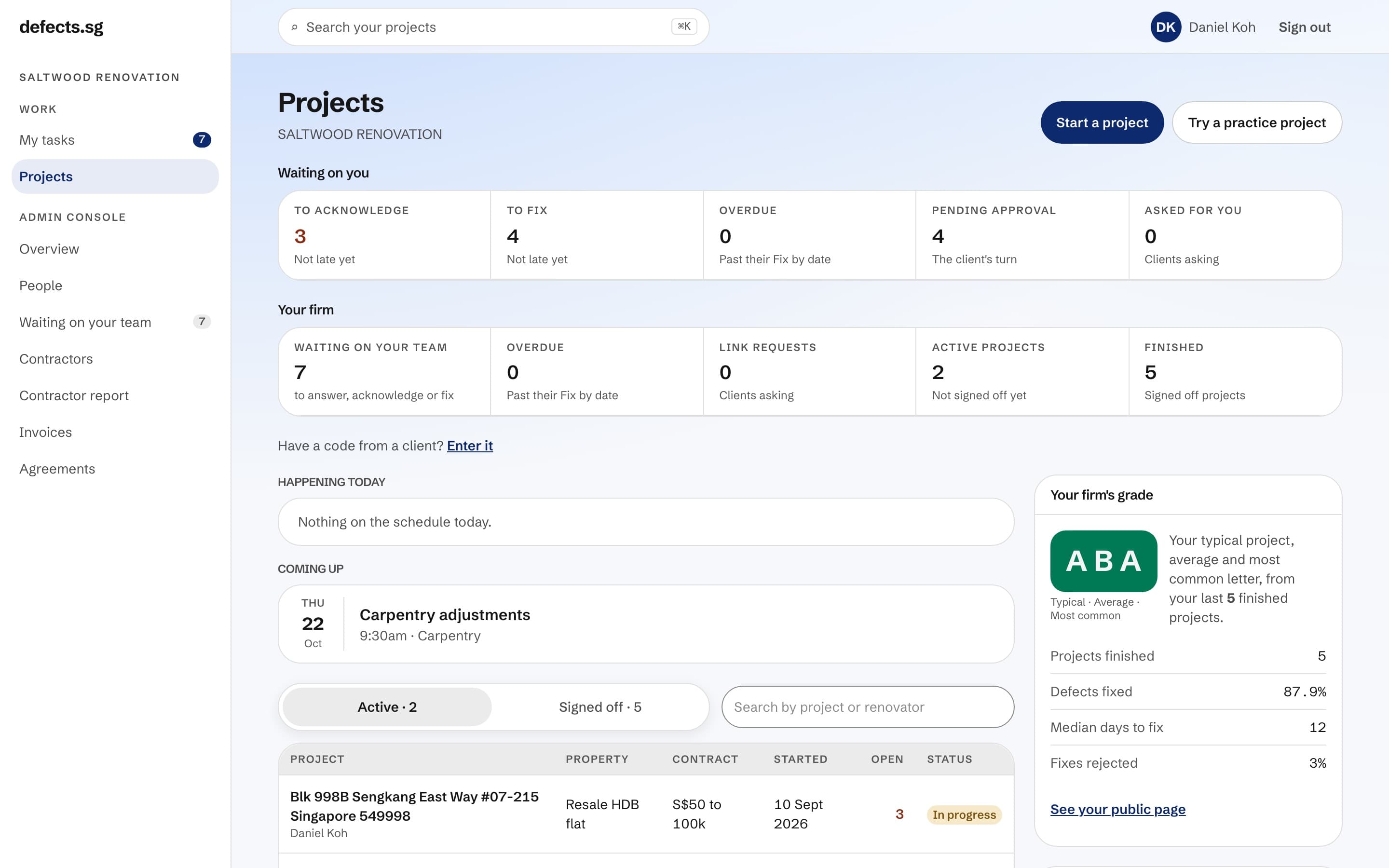 The firm's Projects page on the website: what is waiting on you and on your firm, the coming schedule, live projects and the firm's grade.